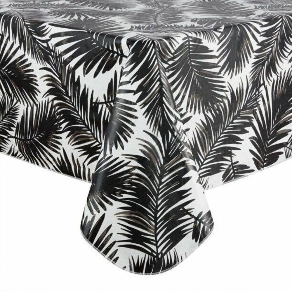 Black Palm Leaves on White PEVA Tablecloth 60 x 84-in Tropical Dining Kitchen